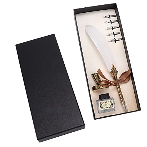 Quill Pen Set, Vintage Calligraphy Pen Retro Style Writing Pen Set Dip Pen with No Ink for Writing and Signing Invitations (White) - color: White