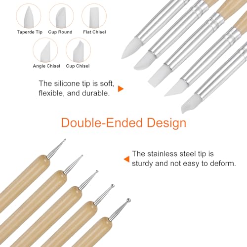 HARFINGTON 5 Pcs Silicone Clay Sculpting Tool Double-Ended Rubber Tip Metal Ball Silicon Shaper Pens Modeling Stylus Dotting Tool for DIY Handicraft Sculpture Pottery Painting, Wood - color: Wood