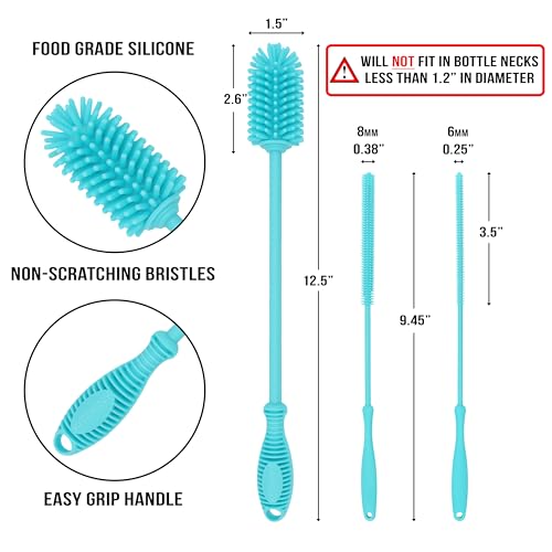 Kitchiny Silicone Bottle Brush with 2 Straw Cleaners - 12.5” Water Bottle Cleaner Brush for Yeti, Hydro Flask, Owala, Stanley, Baby Bottles, Glassware, Vases & Narrow Neck Containers - Blue - color: Blue