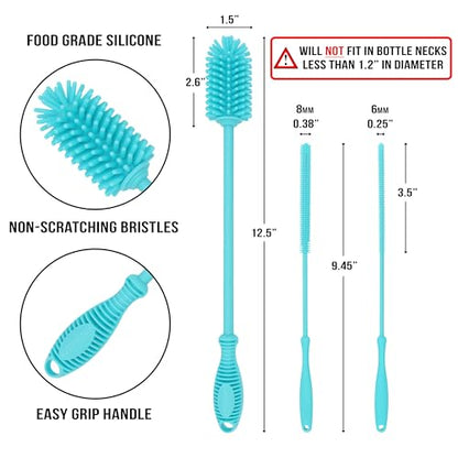 Kitchiny Silicone Bottle Brush with 2 Straw Cleaners - 12.5” Water Bottle Cleaner Brush for Yeti, Hydro Flask, Owala, Stanley, Baby Bottles, Glassware, Vases & Narrow Neck Containers - Blue - color: Blue