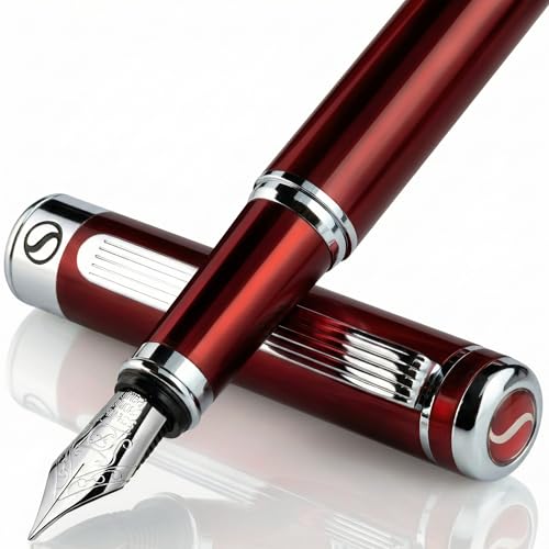 Scriveiner Deep Crimson Red Fountain Pen - Stunning Luxury Pen with Chrome Finish, Schmidt Nib (Fine), Best Pen Gift Set for Men & Women, Professional, Executive, Office, Nice Pens - color: 12. Crimson Red with Chrome, style: Fine Nib
