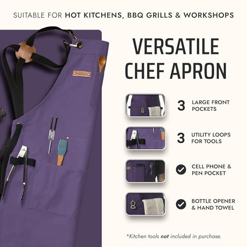 Asaya Chef and BBQ Apron with Bottle Opener and Hand Towel - 10oz Cotton Canvas, Stainless Steel Hardware - Cross Back Straps - color: Purple