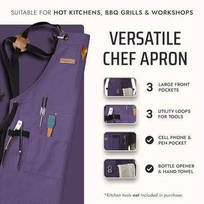 Asaya Chef and BBQ Apron with Bottle Opener and Hand Towel - 10oz Cotton Canvas, Stainless Steel Hardware - Cross Back Straps - color: Purple
