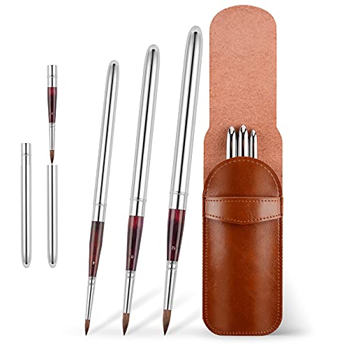 Kolinsky Travel Watercolor Brushes Sable Hair Round Watercolor Paint Brush 3Pcs Brushes Set Portable Compact Artist Brushes with Pocket Protective Case for Art Painting, Gouache, Acrylic Painting - color: Silvery