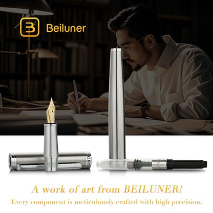 BEILUNER Luxury Fountain Pen Set, Solid 24K Gilded Fine Nib, Silver Stainless Steel Body- Includes 6 Ink Cartridges & Ink Refill Converter with Gift Case - Perfect for Men and Women - color: Silver, style: Fine Nib