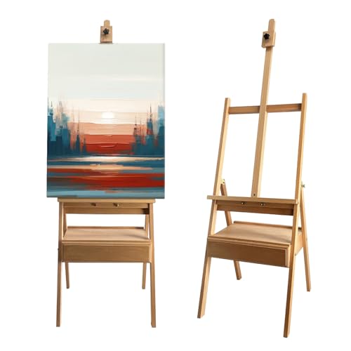 Large Solid Beech Wood Painting Easel with Storage Drawer(60"~75" H), H-Frame Adjustable Wooden Easel Stand with Signature Box for Adults, Students,Sturdy Canvas Holder up to 36'' - style: Easel