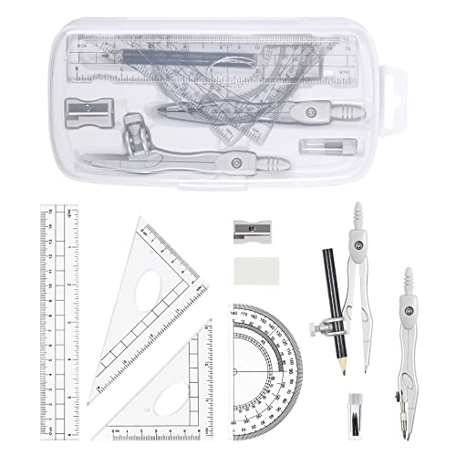 Vobou Math Geometry Kit Sets 10 Piece Student Supplies with Shatterproof Storage Box,Includes Rulers,Protractor,Compass,Eraser,Pencil Sharpener,Lead Refills,Pencil,for Drafting（White） - color: White