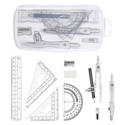 Vobou Math Geometry Kit Sets 10 Piece Student Supplies with Shatterproof Storage Box,Includes Rulers,Protractor,Compass,Eraser,Pencil Sharpener,Lead Refills,Pencil,for Drafting（White） - color: White