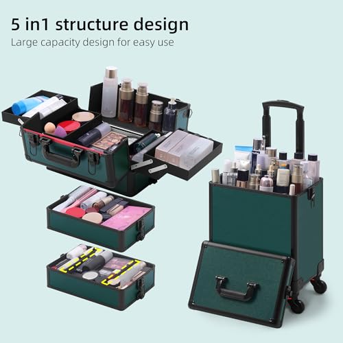 Somduy Makeup Train Case, Rolling Makeup Case with Lid, 5 in 1 Cosmetology Case on Wheels, Christmas Gift, Large Makeup Case Organizers, Profesional Cosmetic Case for Salon Barber, Black Green - color: Black Green