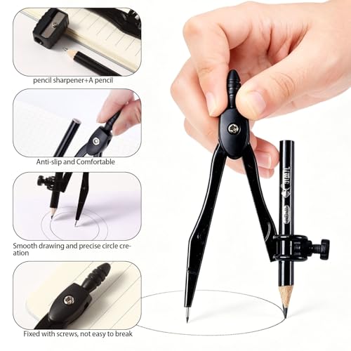 6 Pcs Plastic Geometry Math Set, 12 Inch Ruler, Compass, Sharpener, Pencil,Protractor & Square for Student School Office