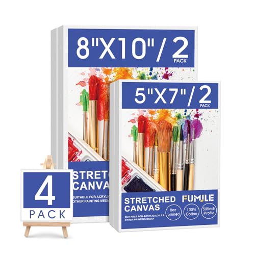 FUMILE Stretched Canvas for Painting, Canvases for Painting Multi 4 Pack 5x7,8x10 (2 of Each), Cotton Primed Acid Free Blank Canvases for Painting for Oil Paint, Acrylic Paint, Gouache and Tempera. - size: 5x7,8x10