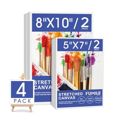 FUMILE Stretched Canvas for Painting, Canvases for Painting Multi 4 Pack 5x7,8x10 (2 of Each), Cotton Primed Acid Free Blank Canvases for Painting for Oil Paint, Acrylic Paint, Gouache and Tempera. - size: 5x7,8x10