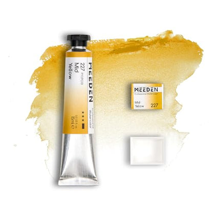MEEDEN Professional Artist Watercolor Paint: Mid Yellow - 15ml/0.5oz Water Color Tube, Semi-Moist Pigment Half Pan and Empty Matching Half Pan for Artists Pros - color: Mid Yellow