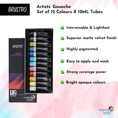 BRUSTRO Artists Gouache Colour | Set of 12 Colours X 12ml Tubes | Highly pigmented, Opaque Colors, Intermixable, Canvas Paint, Perfect For Students, Adults, Beginners, Professionals and Artists