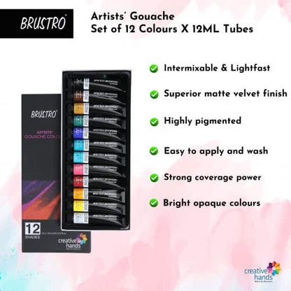 BRUSTRO Artists Gouache Colour | Set of 12 Colours X 12ml Tubes | Highly pigmented, Opaque Colors, Intermixable, Canvas Paint, Perfect For Students, Adults, Beginners, Professionals and Artists