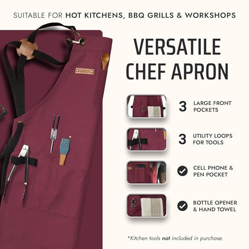 Asaya Chef and BBQ Apron with Bottle Opener and Hand Towel - 10oz Cotton Canvas, Stainless Steel Hardware - Cross Back Straps - color: Red