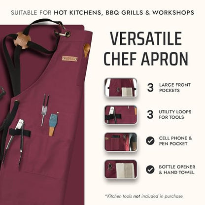 Asaya Chef and BBQ Apron with Bottle Opener and Hand Towel - 10oz Cotton Canvas, Stainless Steel Hardware - Cross Back Straps - color: Red