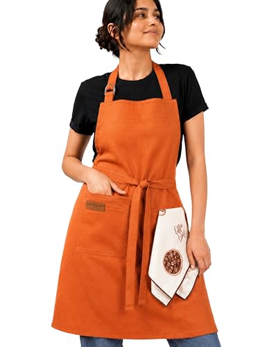 100% Cotton Kitchen Apron with 2 Pockets – Adjustable Chef Apron for Cooking Baking BBQ – Unisex Apron - color: Ochre, size: Standard