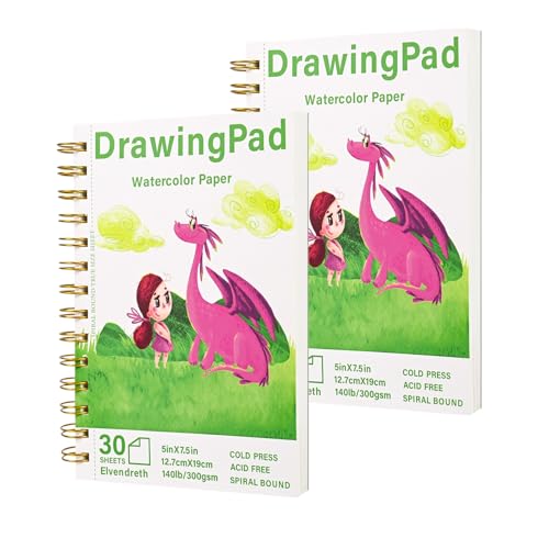 2-Pack Elvendreth Drawing Paper Pad, 5x7.5 Inch, 140lb/300gsm No Bleed-Through Watercolor Paper, Spiral-Bound/Tear-Line, 30 Sheets for Adults, Kids, Artists -Watercolor Book, Exercises & Mixed Media - size: 5×7.5 in（2pack）