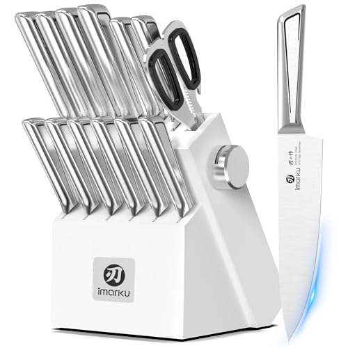 imarku 14-Piece Knife Set with Block, Built-in Sharpener, High Carbon Stainless Steel Kitchen Knives, Dishwasher Safe, Rust Resistant, Non-Slip Handle – Gift for Home Cooks & Chefs, Utility Knives - color: White, size: 14 Pcs