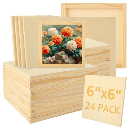 24 PCS Wood Panels for Painting 6x6 Inch Wood Canvas Boards Wooden Canvas Pine Wood Panel for Oil Painting DIY Drawing Pouring Art Projects