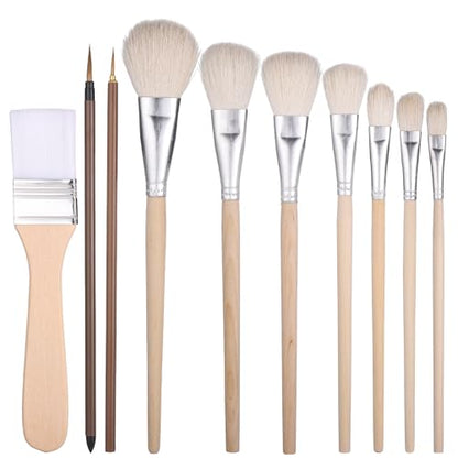 ElevateTech Pottery Brushes for Glazing, 10 Pcs Pottery Glaze Brushes for Painting Ceramic Brush Goat Hair Blend Mop Brush Set for Acrylic Gouache Watercolor Oil Painting