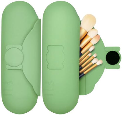 Travel Makeup Brush Holder with Cleaning Pad -Silicone Brush Organizer Case, Magnetic Closure Waterproof Cosmetic Bag for Easy Storage & On-the-Go Cleaning (9.05 Inch) - color: Green