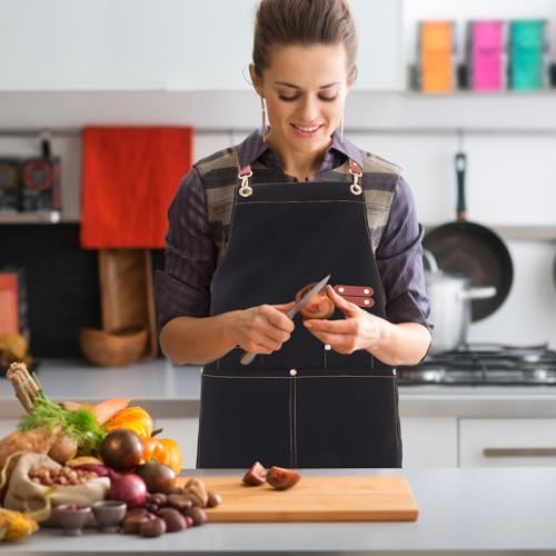 Waterproof Thickened Large Canvas Apron with Tool Pockets Oil-proof Crossback for Men Women Gardening Cooking Grilling Black