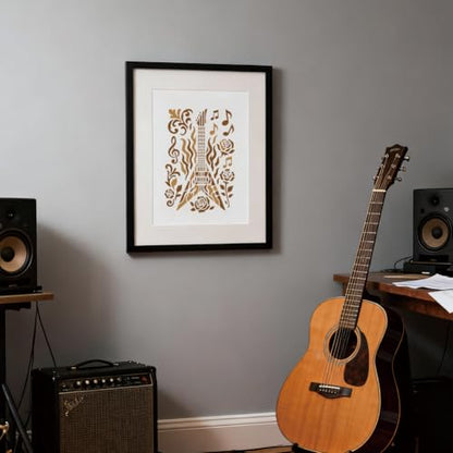 6 Sheets Texture Guitar Stencils for Painting, 6 Styles Musical Instruments Musical Note Wall Stencil Template Reusable Musical Theam Stencils for Painting on Wall Wood Home Decor - style: Guitar