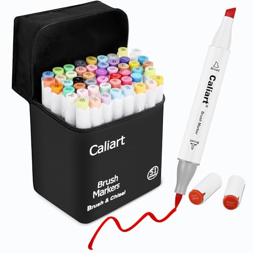 Caliart Alcohol Markers Brush Tip, 51 Colors Dual Tip Artists Coloring Markers Set Brush & Chisel, Permanent Alcohol Based Colored Sketch Pens, Art Supplies Gifts for Adults Drawing Illustration - style: Chisel & Brush