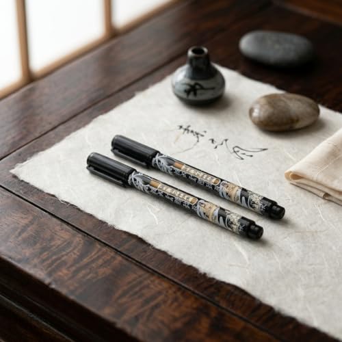 Benepisyo Black Calligraphy Brush Pens for Beginners, 2 Pack 민화 붓펜 | Flexible brush tip, rich black ink, traditional Asian design, beginner friendly, smooth flow, hand lettering tools