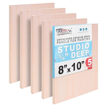 U.S. Art Supply 08" x 10" Unfinished Cradled Wood Panels for Painting, Studio 3/4" Deep (5 Pack) - Artist Depth Birch Wooden Wall Canvases - Mixed-Media Craft, Acrylic, Oil, Encaustic, Paint Pouring - size: 8" x 10"