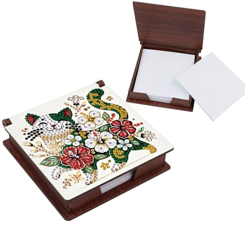Diamond Painting Kit memo Box, Diamonds Art DIY Cat and Flowers Patterns Sticky Note Box Special Shape Drill, with 160 Sticky Note, Ideal for Home Office Supplies, Handicrafts, Holiday Gifts - color: Cat and flowers