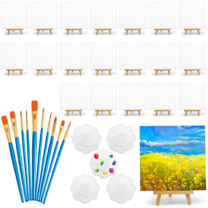 20 Pack Mini Canvas and Easel Set, 5.9 X 5.9 inch Small Painting Canvas Panel with Mini Easel, Mini Canvases with 10 Brushes & 5 Paint Tray,Art Canvases Painting Kit for Birthday Party Favors