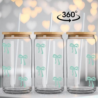 BIPEDS Coquette Cute Sage Green Bow Glass Cups with Lids and Straws, Aesthetic Iced Coffee Cup Girly Preppy Tumbler Mug, Christmas Valentines Birthday Gifts for Women, Teen Girl Gifts Trendy Stuff - color: 06-Bow-Sage Green
