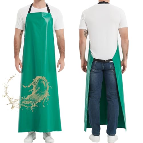 Thicker Rubber Apron, Extra Long Adjustable Apron, Heavy Duty Oil&Chemical Resistant Waterproof Work Aprons - color: Green