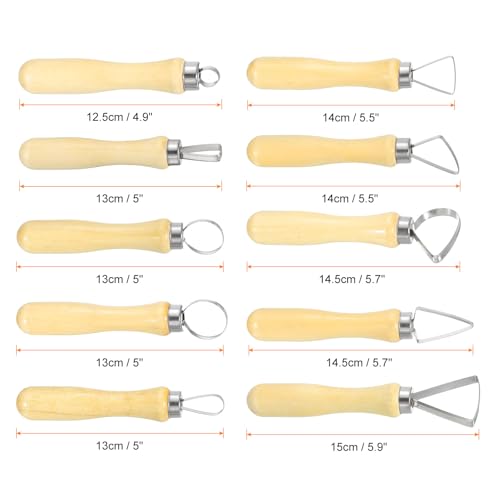 HARFINGTON 10pcs Clay Sculpting Tools Wooden Handle Stainless Steel Head Crafts Modeling Kit Pottery Carving Trimming Set for Shaping Cutting Decoration Embossing