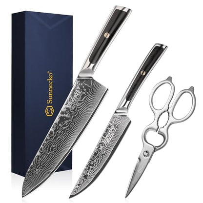 Sunnecko Kitchen Knife Set of 3, Chef Knife Set Damascus Steel Knives Set for Kitchen Sharp VG10 Corn, Full Tang with Gift Box - size: Set of 3-8 Inch
