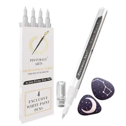 Pinturale Arts White Paint Pen Fine Tip | Set 4 White Acrylic Paint Pen Fine Tip 0,7mm For Black Paper, Ceramics, Rock Painting, Glass, Wood, Canvas, Metal