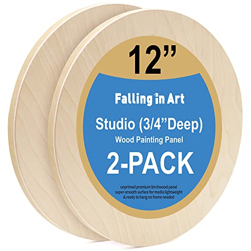 Falling in Art Unfinished Round Birch Wood Canvas Panels Kit, 2 Pack of 12’’ Studio 3/4’’ Deep Cradle Boards for Pouring Art, Crafts, Painting, and More - size: 12' round 2 Pack