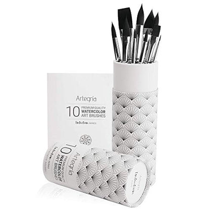 ARTEGRIA Watercolor Brush Set, 10 Professional Soft Synthetic Squirrel Paint Brushes, Including Pointed Rounds, Flats, Dagger, Oval Wash - color: Black - 10pcs