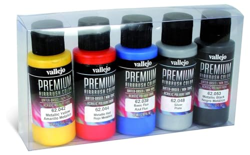 Vallejo - Premium Color Set Metallic Colors | Water-Based Multi-Surface Pigments | Different Metal Color Finishes | Acrylic Professional Airbrushing Kit | 5 Bottles x 60 ml. (2.02 fl.oz.) - style: Metallic