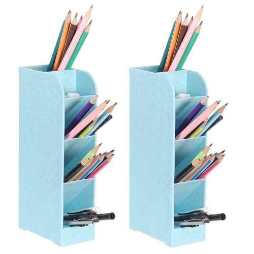 uxcell 2PCS Marker Organizer, 5 Slots Marker Holder Organizer PVC Plastic Marker Storage Holder Marker Storage Rack Crayon Pen Holder for Store Paint Brushes, Pens, Color Pencils (Azure)