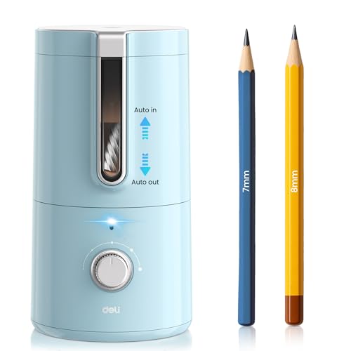 deli Electric Pencil Sharpener, Fully Automatic Pencil Sharpener for 6.9-8mm Pencils/Colored Pencils,5 Sharpness Modes,Auto in & Out,Rechargeable Hands-Free Sharpener for Classroom Home Office,Blue - color: Blue
