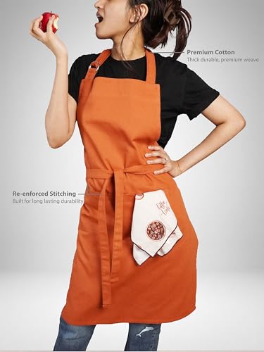 100% Cotton Kitchen Apron with 2 Pockets – Adjustable Chef Apron for Cooking Baking BBQ – Unisex Apron - color: Ochre, size: Standard
