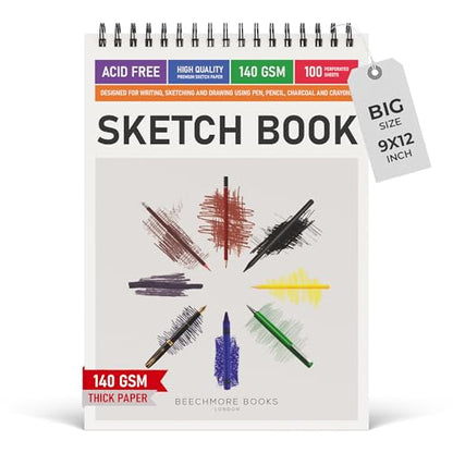 BEECHMORE BOOKS 9"x12" Spiral Bound Sketchbook - 100 Perforated Sheets 140 GSM (95lb) Acid-Free White Paper, Premium Professional Artist Sketch Pad, Art Supplies for Adults Students Drawing Notebook - size: A4 (9" x 12")