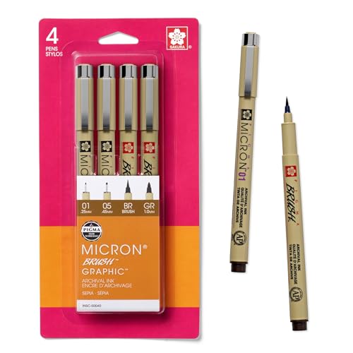 SAKURA 50040 4-Piece Pigma Drawing Brush Pen Set, Sepia - style: Brush Tip