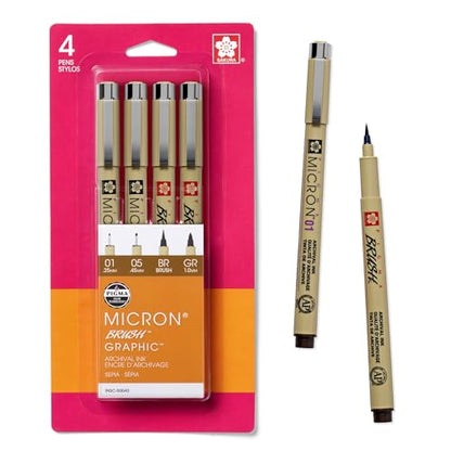 SAKURA 50040 4-Piece Pigma Drawing Brush Pen Set, Sepia - style: Brush Tip