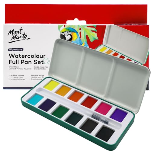 Mont Marte Watercolor Set Full Pan Signature 13pc in Tin, Vibrant, Multi-Color with Translucent Finish, Portable Watercolor Set - color: 12 Basic Color, size: 12 Count (Pack of 1)