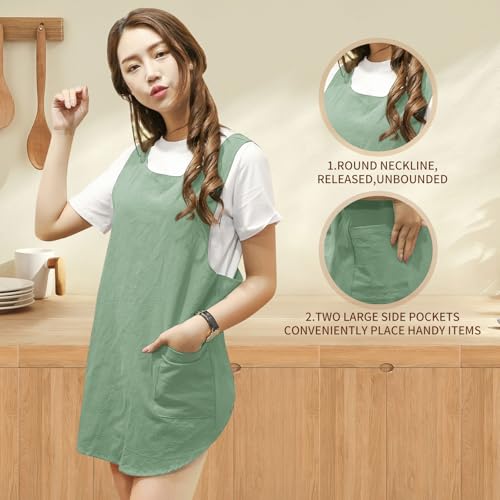 Shortened Design Apron, Japanese Style Soft Cotton Linen Apron with Two Side Pockets, X Cross Halter Aprons, Kitchen Cooking Clothes Gift for Women DIY Project, Crafting, Cooking, Baking(Mint Green) - color: Mint Green, style: 1# Style-rounded Edge